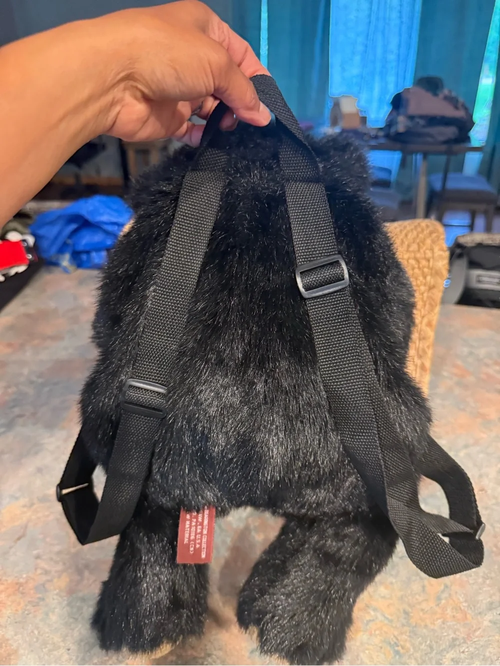 Vintage Plush Black Teddy Bear Plush Backpack with Tan Accents